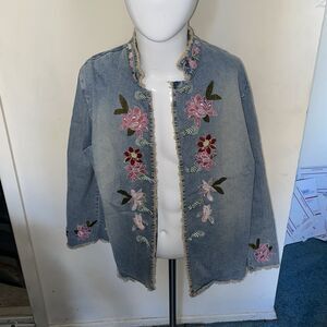 INC International Concepts Women Denim Jacket Floral Embroidered Cottage SZ 2X